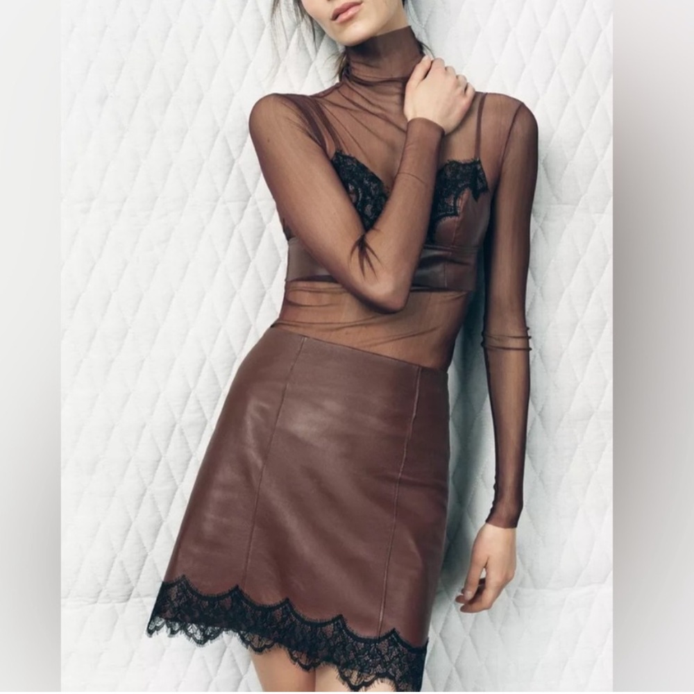 Zara Brown Mini leather skirt with lace trim size M worn once